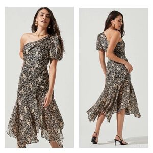 ASTR THE LABEL Santorini Floral Asymmetrical Hem One Shoulder Midi Dress Sz XS
